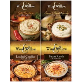 Wind & Willow Dip Mix 4 Flavor Variety Bundle: Loaded Cheddar, Bacon Ranch, Asagio & Roasted Garlic and Fiesta Ranchero (4 Packs Total)