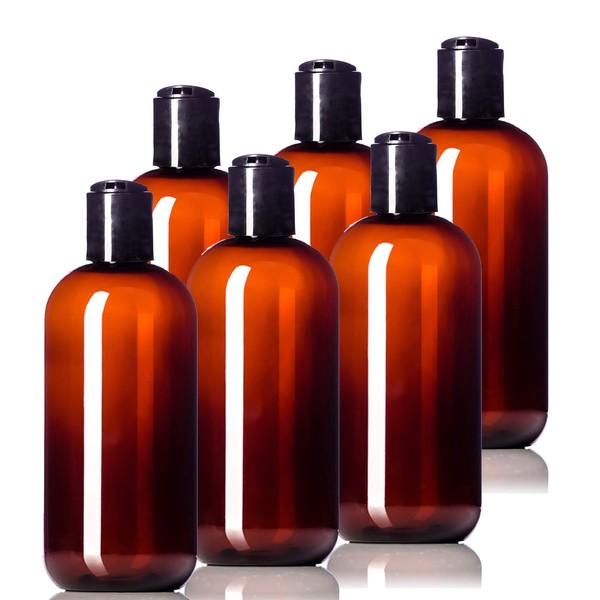 8oz Plastic Amber Bottles (6 Pack) BPA-Free Squeeze Containers with Disc Cap, Labels Included