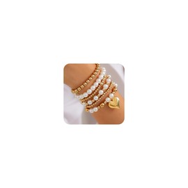Octwine Boho Dainty Gold Stackable Pearls Bracelets for Women Gold Love Layered Bracelet Trendy Chunky Cuff Bangle Bracelets Set Statement Beads Bracelet for Women, Large, alloy, no gemstone