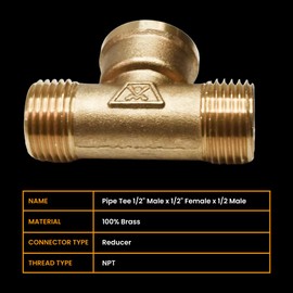 Brass Pipe Tee 1/2" Male x 1/2" Female x 1/2 Male for Plumbing Connections, Garden Pipe Connection