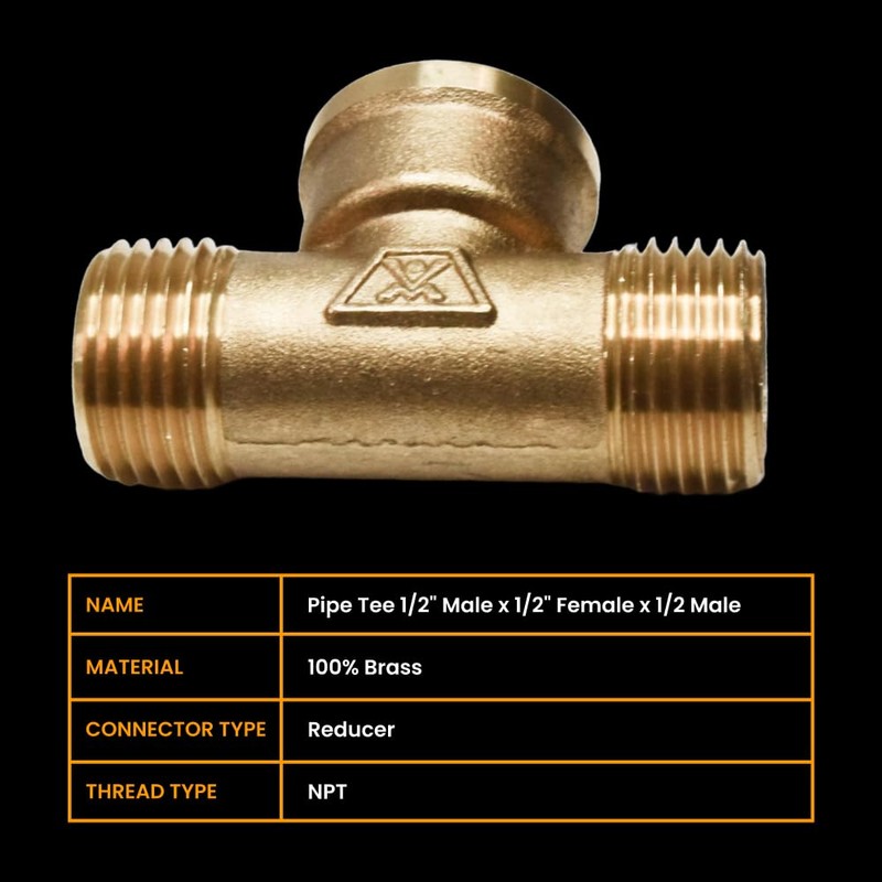 Brass Pipe Tee 1/2" Male x 1/2" Female x 1/2