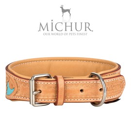 Michur Mariano Leather Dog Collar Beige Blue Brown Leather with Embossed Floral Patterns Neck Circumference 24-28.5 cm / Total Length 32 cm