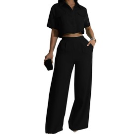 Shiyinvie 2 Piece Outfits for Women 2024 Summer Short Sleeve V Neck Crop Tops Wide Leg Pants Set, Elegant Outfits for Women, 2 Piece Outfits for Women Dressy (Black, M)