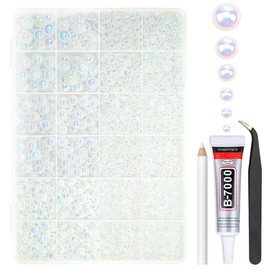 qiipii White AB Flatback Pearls w B7000 Jewelry Glue for Bedazzling Crafting 3/4/5/6/8/10mm Half Round Pearl Bedazzling Beads for Nails Face Eyes Makeup Tumblers Bottles DIY Crafts Scrapbooking Phones