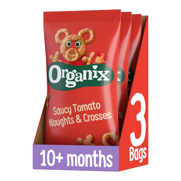 Organix Tomato Noughts & Crosses Organic Finger Food Toddler Snack Corn Puffs 10+ Months Multipack 4x15g (Pack of 3)