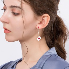 Peasimy Asymmetric Poker Clock Pearl Heart Earrings Unique Mismatched Stud Earrings for Women Trendy Vintage Style Statement Jewelry, Large, Metal, No Gemstone