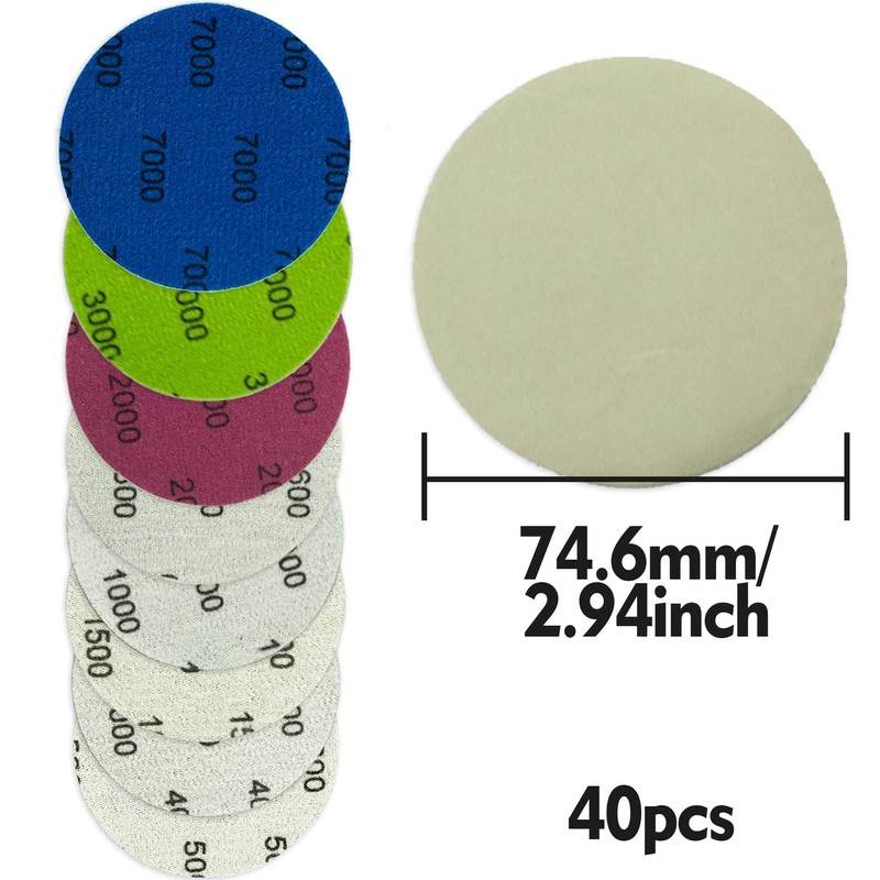 40PCS 75mm Round Sanding Discs, Hook and Loop 600/1000/1500/2000/3000/4000/5000/7000 Mixed