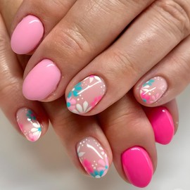Flower Press on Nails Spring Fake Nails Short Almond False Nails with White White Blossoms Designs Pink Glue on Nails Spring Stick on Nails Summer Full Cover Cute Acrylic Nails Glossy Artificial Nails