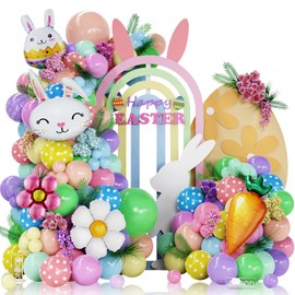 Pastel Easter Bunny Balloon Arch Kit,149Pcs Pastel Rainbow Balloon Garland with Easter Eggs,Bunny,Daisy,Carrot Foil Balloons for Baby Shower Fairy Princess Birthday Spring Tea Party Decoration