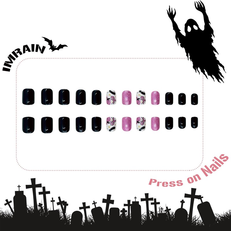 IMRAIN Press on Nails Short Square Fake Nails Pink Black
