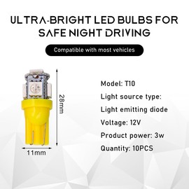 povtii 10PCS Car LED Light Bulb, Super Bright T10 5050 LED Auto Interior Light Bulb, Led Bulb Replacement for Dashboard Dome Map Door License Plate Lights, Lighting Car Accessories (Yellow)