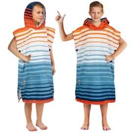 SUN CUBE Kids Bath Towel Robe, Surf Poncho for Teens with Hoodie, Microfiber Quick Dry Changing Wearable for Beach Bath Pool Swimming, Boys Girls Teenagers 8-12, Orange Stripe