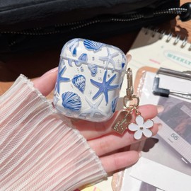 MINSCOSE Compatible with AirPods 1&2 Clear Case,Cute Beautiful Seashell and Starfish Pattern Design with Keychain, Soft TPU Protective Shockproof Cover for AirPods 1&2 for Women Girls-Blue