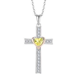 Aprila Women Necklace 925 Sterling Silver Heart Cross Pendant Necklace with Cubic Zirconia November Birthstone Citrine Color Jewelry