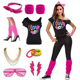 Womens I Love The 80's Disco 80s Costume Outfit Accessories (S/M, 80s Hot Pink)