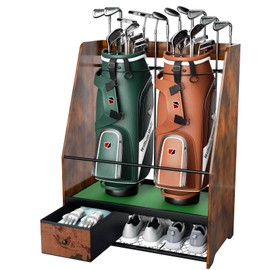 Ponsonbay Golf Bag Organizer Storage for 2 Bags with Drawer – Easy Assemble Golf Club Stand Ideal for Garage, Clubs and Basement (Retro)