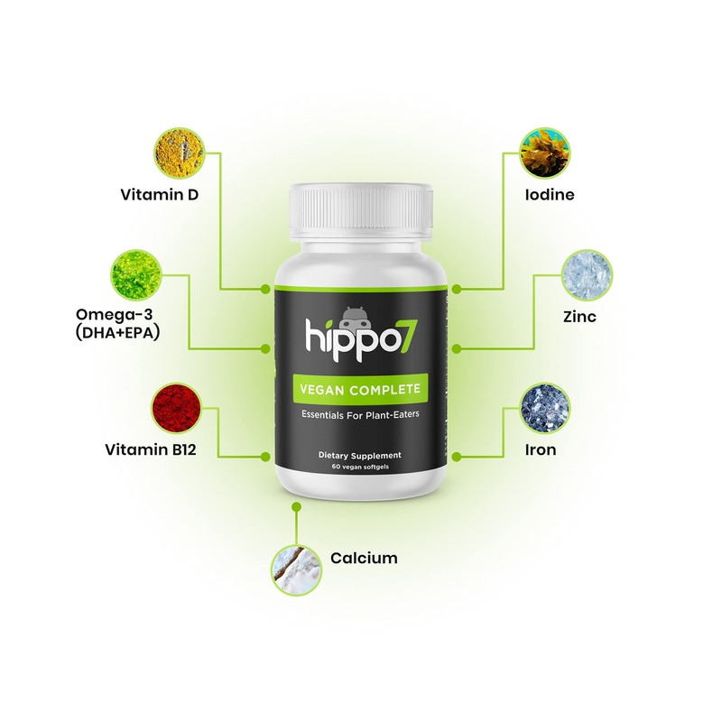 Hippo7 Vegan Complete Multivitamin Vitamin B12, Vitamin D, Omega-3 DHA+EPA,