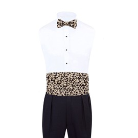 Mens Formal Woven Leopard Print Cummerbund Pre-Tied Bowtie Hanky set