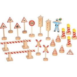 goki 53773 - Traffic Sign Set Policeman Ole - 21-Piece Wooden Play Set with Road Signs, Barriers, Traffic Cones and Traffic Cop