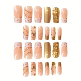 Long Press on Nails Square False Nails White French Tip Fake Nails Glitter Acrylic Nails with Charms Designs Glue on Nails Gold Full Cover Artificial Nails Cute Reusable Stick on Nails Women Manicure