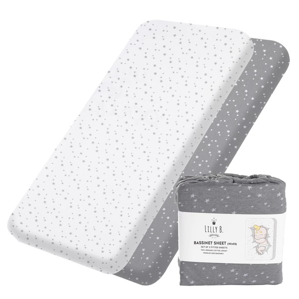 Organic Cotton GOTS 2 Fitted Sheets Compatible Next2me, Snuzpod and All Bedside Cribs, bassinets up to 90x55cm Pack of 2 Sheets (Stars)