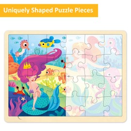 MingTa 24 Piece Puzzle for 3 Year Old, Little Mermaid Wooden Jigsaw Puzzles for Kids Ages 3-5 with Unique Puzzle Pieces, Educational Toddler Puzzles Ages 2-4 with Storage Tray