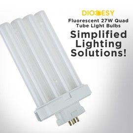 Diodesy FML27/65K/2PK Fluorescent 27W 6500K Daylight Quad Tube FML CFL Plugin Light Bulbs, 4-Pin GX10Q-4 Base, 6500K-Daylight, 2 Pack