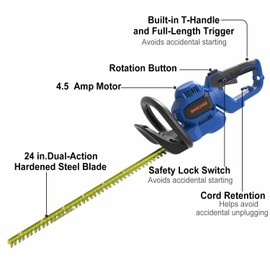 GARCARE 24-Inch Corded Electric Hedge Trimmer - 4.5 Amp, Dual-Action Blades, Rotary Handle, Safety Switches for Hedges, Shrubs, and Branches