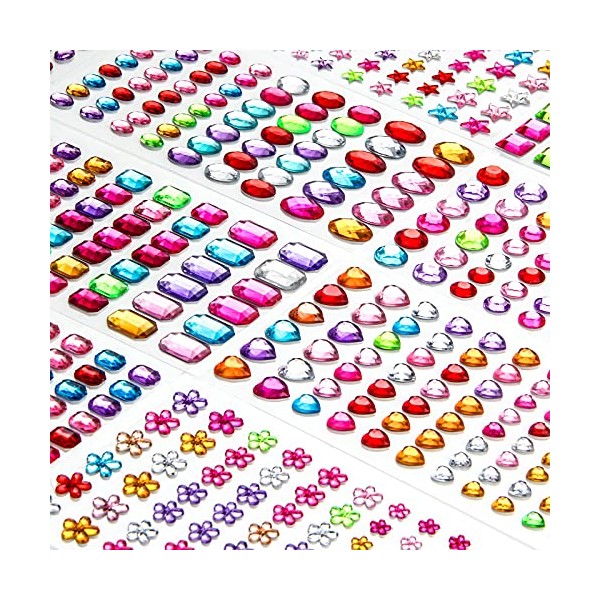 1246 PCS Self Adhesive Gems Stickers, Jewels Stickers with Multiple Colors and Assorted Shapes for Crafts, 14 Sheets Multiple Sizes Bling Rhinestone Stickers for Card Making Decorations