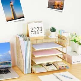 Gugsey Desk Organizer with File Holder, 5-tier Paper Letter Tray File Organizer with Drawer and Pen Holder, Metal Desk Organizers and Storage for Woman School Office Supplies Storage(Gold)