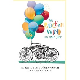 Skorpion Birthday Card Motorcycle with Colourful Balloons on the Steering Wheel, Natural Cardboard, with Gold Foil - with Envelope