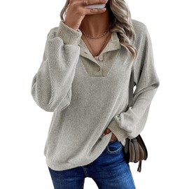 EVALESS Womens Fall Fashion 2025 Long Sleeve Shirts Patchwork Button Up V Neck Oversized Sweatshirt Casual Trendy Pullover Blouse Tops Beige X-Large