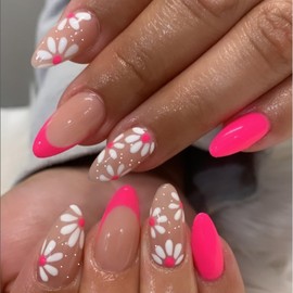 Press on Nails Almond Medium Length-Glossy Full Cover Acrylic Pink French False Nails with Floral Designs Artificial Pointed Almond Fake Nails with Charms Glue on Fingernails for Women Girls