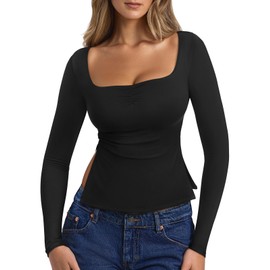 REORIA Long Sleeve Shirts for Women Square Neck Going Out Side Slit Tshirts 2025 Cute Y2k Tees Fall Trendy Tops Black Medium