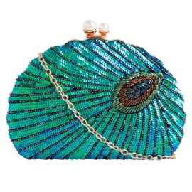 Peacock Sequin Beaded Vintage Hard Case Bridal Prom Wedding Evening Clutch Party Purse Hand Bag (Oval Style)
