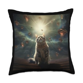 Galactic Whiskers Cute Cat Look to The Sky Alien Space Throw Pillow, 18x18, Multicolor