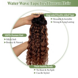 Ombre Tape in Hair Extensions Human Hair, Seamless Tape ins Balayage Natural Black to Blonde Highlighted Water Wave Hair Extensions Real Human Hair Tape in 22 Inch 50 Gram 20pcs