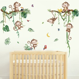 decalmile Jungle Monkey Climbing Tree Wall Decals Jungle Animals Vine Leaves Wall Stickers Baby Nursery Kids Room Living Room Wall Decor