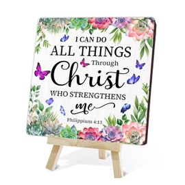 Christian Wood Sign, I Can Do All Things Through Christ Who Strengthens Me Bible Verse Gifts For Women, Butterfly Religious Plaque With Stand, Inspirational Christmas Gifts For Family Friends -09