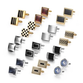 wynameleri Cufflink 12 Pairs, Classic Fashion Men's Cuff Links Silver-Tone Gold-Tone Black for Business Wedding Party Gift Box T0212014