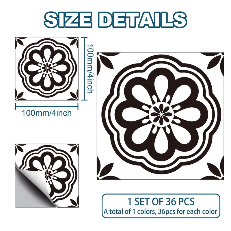 CHGCRAFT 36pc Black Floral Pattern Tile Stickers Waterproof Tile Stickers