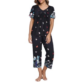 Ekouaer Women's Capri Pajama Set Short Sleeve Top and Pants 2 Piece Sleepwear Floral Print Ladies Pjs Sets