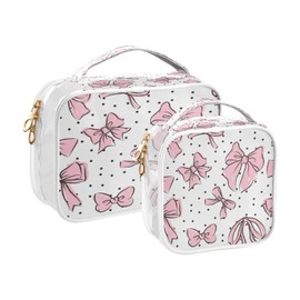 Kigai Bow Pink Clear Makeup Bags for Women and Girls Waterproof Cosmetic Bag Portable Toiletry Bag Travel Accessories Organizer with Zipper & Handle, 2 Pack