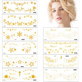mefeny Tattoo Stickers, Face, Stars, Flowers, Butterflies, Snowflakes, Gold, Tattoo Stickers, Set of 10, Cute, Stylish, Removable, Long-Lasting, Cosplay, Festival