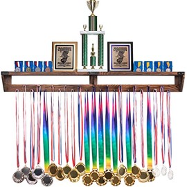 Lavievert Gymnastic Medal Hanger with Storage Shelf, Wooden Wall-Mounted Trophy Shelf, Race Medal Display Rack Holder with 23 Hanging Bars
