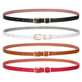 SANSTHS 4 Pack Women Thin Belts for Jeans Dresses Coats Skinny Women Belt with Gold Alloy Buckle, Black White Brown Red M