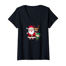 Womens Santa Claus Reindeer Elf Holiday Christmas V-Neck T-Shirt