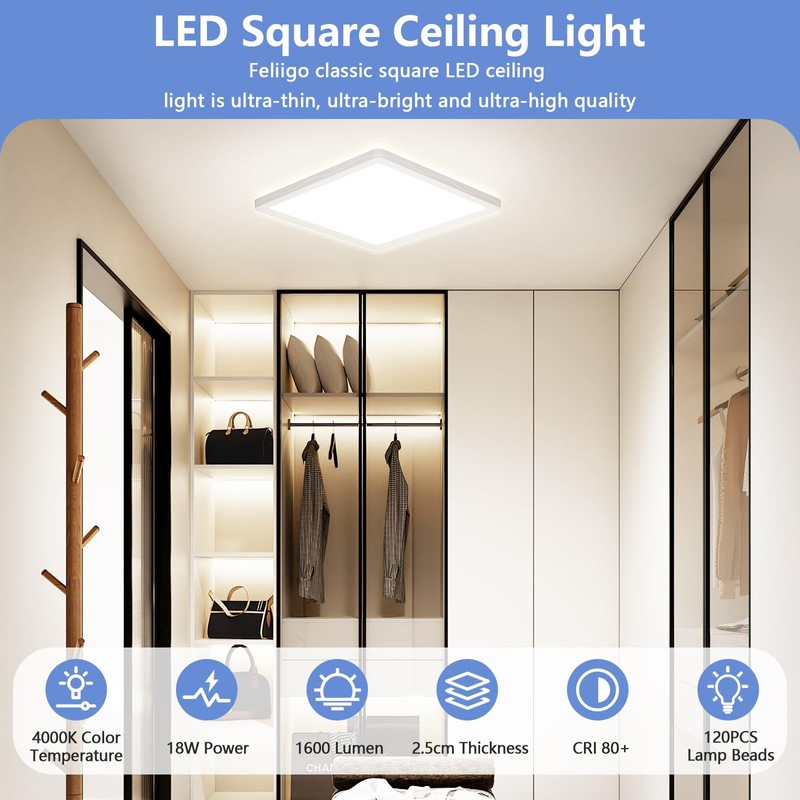 LED Ceiling Light Living Room 4000K-18W-1600LM, IP44 Waterproof Modern Simple