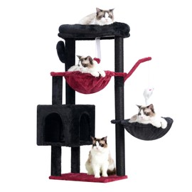 Heybly Cat Tree, 39.4 Inches Gothic Tower Condo with Scratching Post, Cat Tower for Indoor Cats, Fully Wrapped Sisal Pole, Soft Platform, 2 Baskets and Dangling Toy, Black and Red HCT006SBR