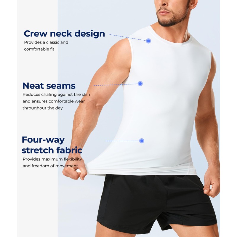 TAILONG White Compression Shirt Men - Athletic Base Layer Sleeveless